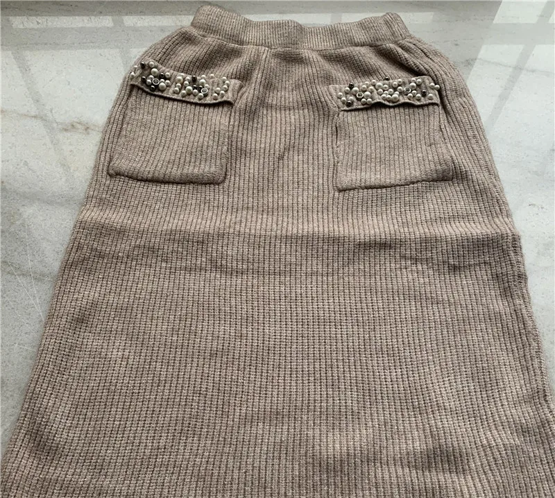 FORERUN 2 Piece Skirt Set Pearl Beading Knitted Sweater Top and Skirt Set Streetwear Cold Shoulder Sleeve Two Piece Outfits