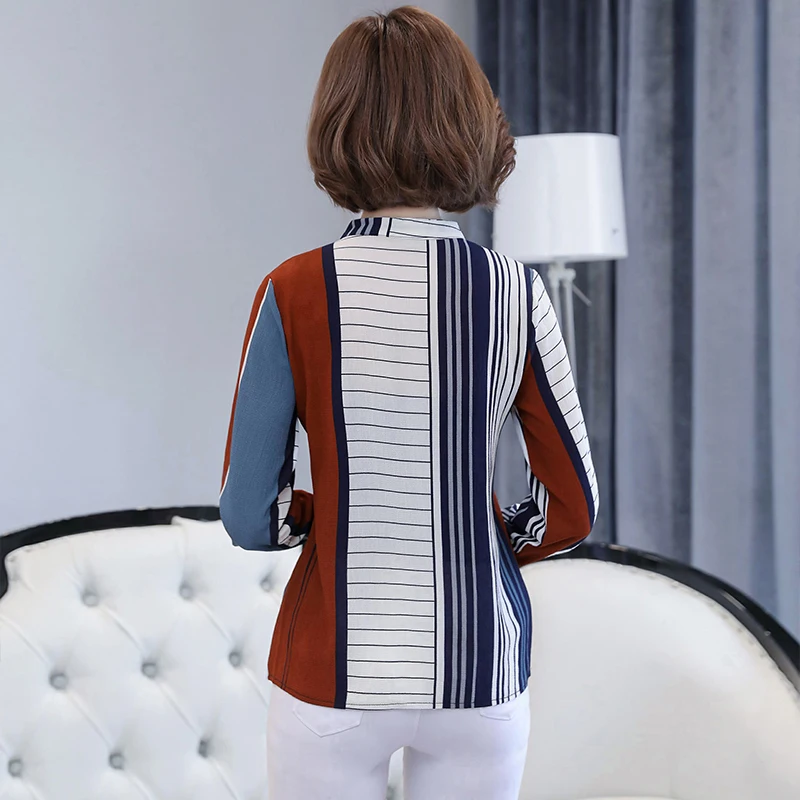 

2021 New Autumn Fashion Long-sleeved Women Blouse Chiffon Printing Striped V-neck Casual Thin Slim Chiffon Shirt Top 875B 30
