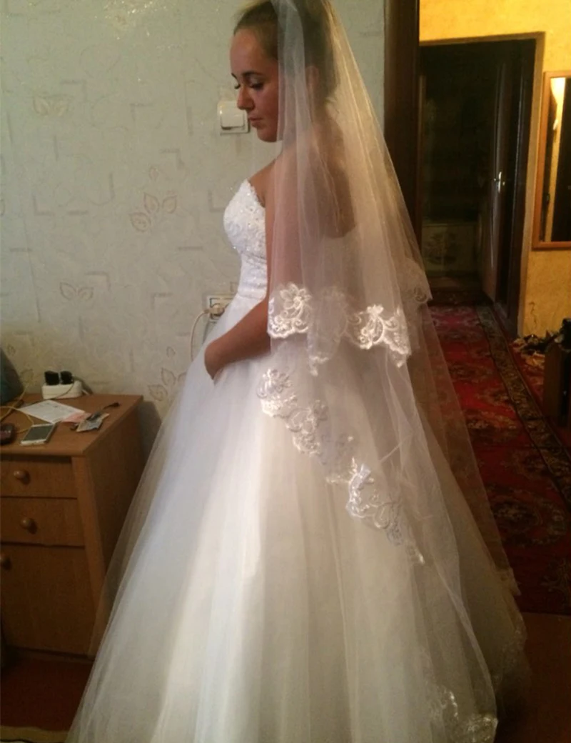 Wedding Veils New Wholesale 3m length ivory white in stock velos de novia Long lace appliqued bridal veil voile 2017 | Свадьбы и