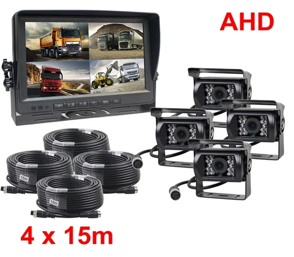 4 x 15m SMALUCK AHD 9 дюймов Сплит QUAD Автомобильный Монитор 960P AHD IR ночное видение камера заднего вида Водонепроницаемая с SD картой видео запись - Название цвета: 4 x 15m