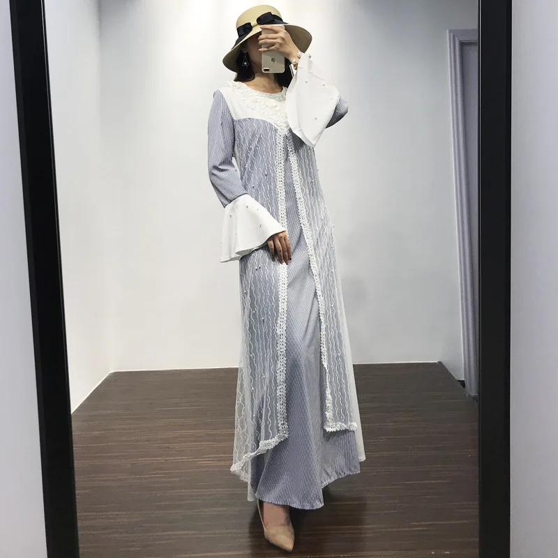 Fashion Gadis Muda Patchwork Renda Panjang Ramadan Wanita Muslim Gaun Malaysia Indonesia Wanita Kasual Pakaian 8006