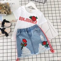 girls summer dress 2019 new rose embroidered childrens short sleeved t shirt jean half length skirt two piece suit