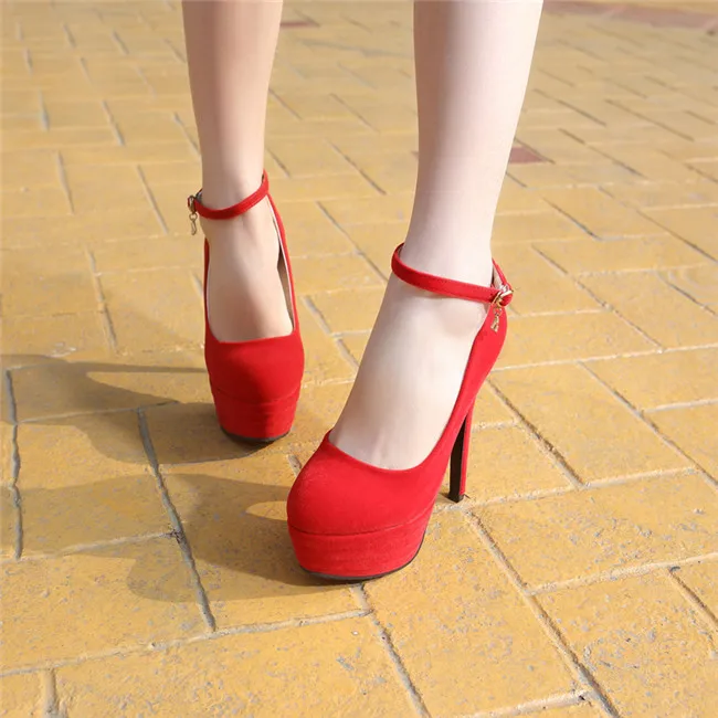 YMECHIC/; женская обувь из флока на очень высоком каблуке; обувь для вечеринки и свадьбы; женские туфли-лодочки на платформе; женские красные туфли с ремешком на щиколотке; большие размеры