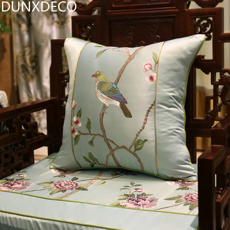 Dunxdeco Наволочка на подушку Декоративная Подушка Чехол современный китайский традиционный птицы Флора класса люкс с вышивкой домашний диван