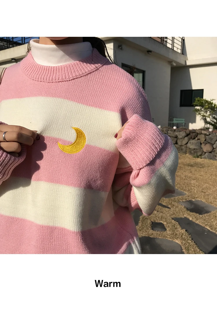 Корейский полосатый лунный Женский вязаный свитер Harajuku Preppy Kawaii Ulzzang женские свитера осенние японские теплые пуловеры с длинным рукавом
