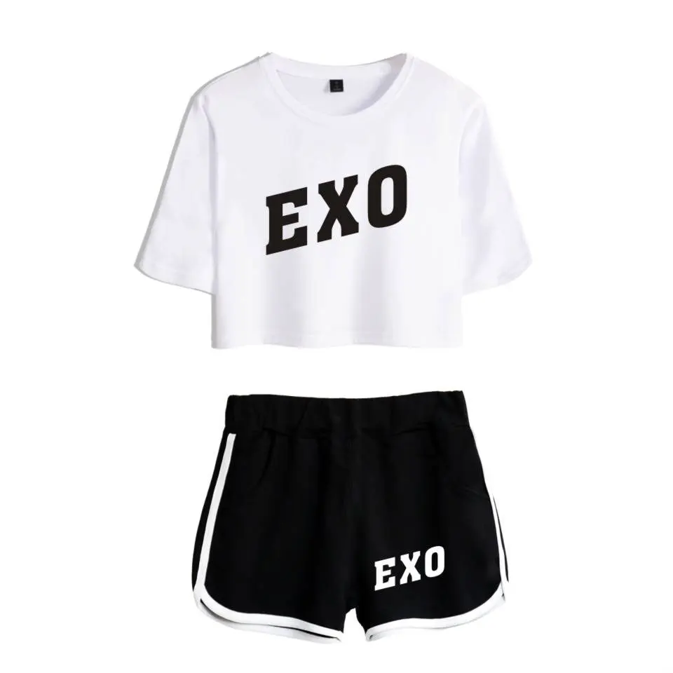 Женский спортивный костюм Kpop Exo женский короткий топ шорты и брюки летний