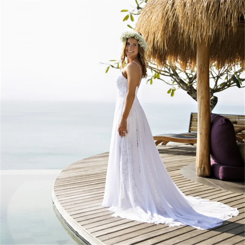 Oceanside 2016 New Beach Spaghetti Straps White Ivory Lace Chiffon wedding dress bridal gown robe de mariage Vestido noiva | Свадьбы и