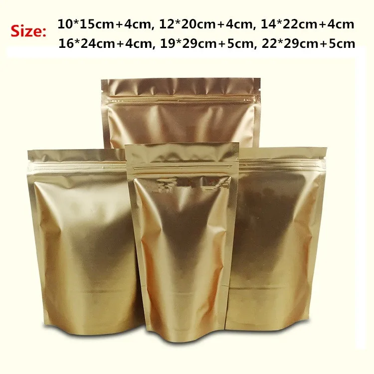 

100pcs/lot- 6 sizes options 200mic Matt Gold Aluminum Foil Zip Lock Bag Stand Up Pouch Food Powder Tea Coffee Party Gift Bag