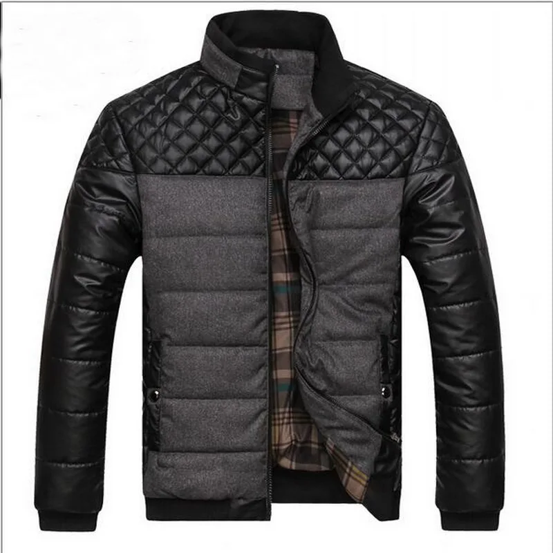 Men Winter Coat Striped Leather Outerwear Men's Thicken Warm Parkas  PU Leather Patchwork Jackets