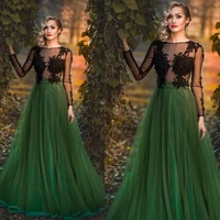 green prom dresses sheer crew neckline lace appliques long sleeve tulle evening dresses vestido de festa longo