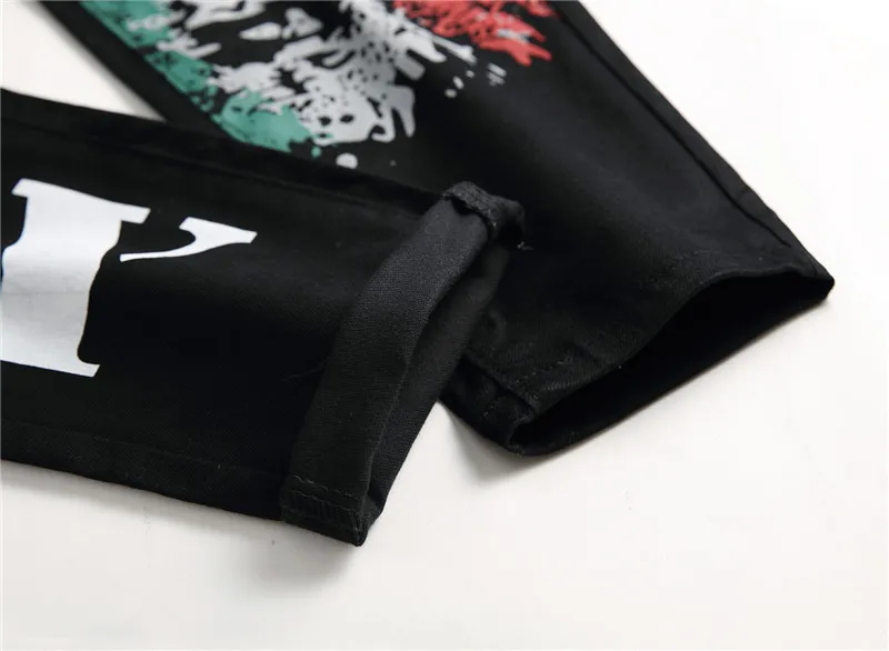 

New Men Skinny Jeans Knee Ripped Hole Destroyed Distressed Pencil Pants 2019 Spring Hip Hop Stretchy Printed Black Jeans