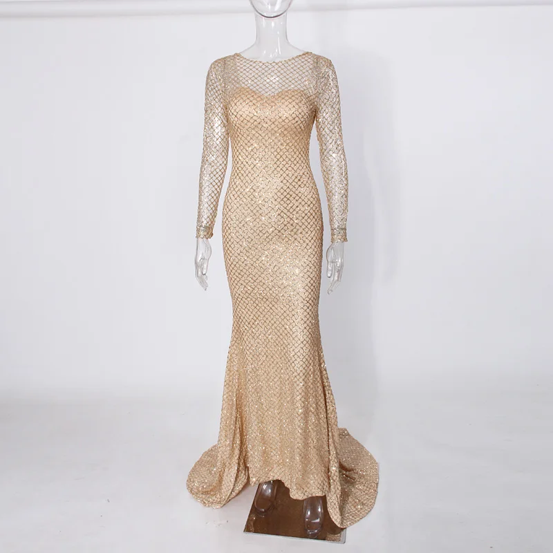 Платье праздничное с длинными рукавами золотое плед мерцание русалки платье в макси/ Блестящее платье короткий Макси платье пустотелый тугой платье для вечеринки - Цвет: Maxi Dress