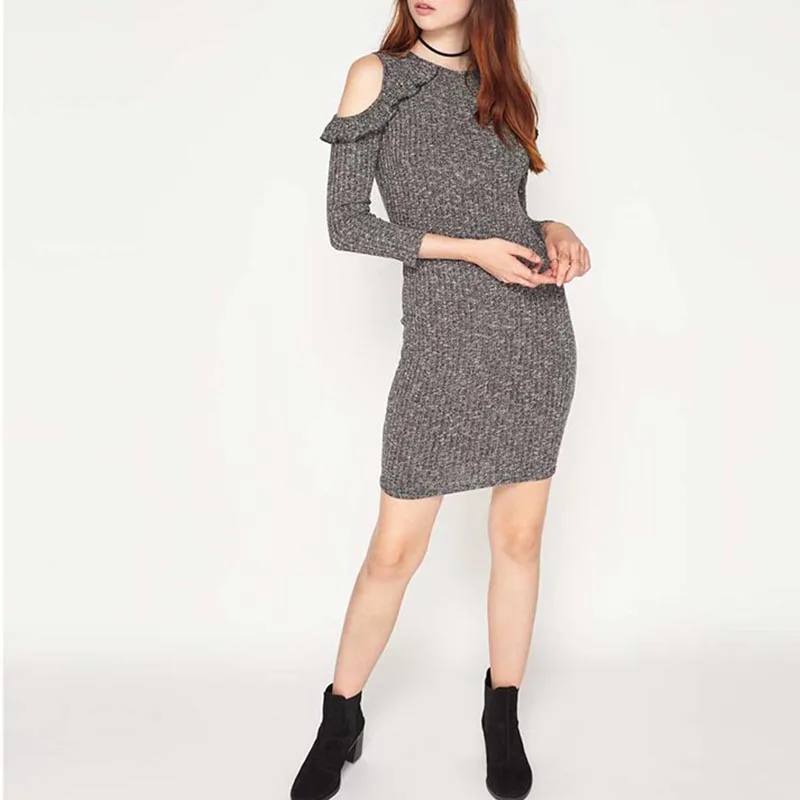 Asmax одежда однотонная серая вязаное платье тонкий Высокая Талия Cold Shoulder Dress Crew