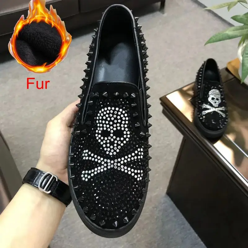 Fur spike silver Элитный бренд череп Для мужчин Лоферы черного цвета со стразами Стразы шипы Для мужчин обувь с заклепками; повседневные туфли на плоской подошве; кроссовки; ; Прямая поставка; - Цвет: Fur spike silver