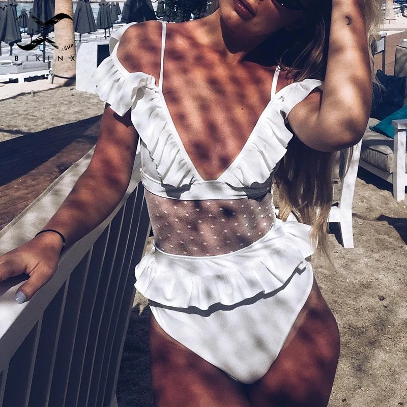 Bikinx Pokal бикини в горошек с высокой талией 2018 сетчатый купальник оборками женский