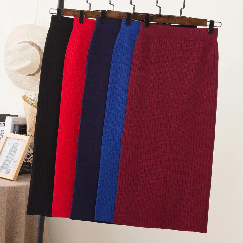 LE CELEBRE Knitting Cotton Women Pencil Skirt 2018 Solid Color Autumn OL Skirts for Lady High Waist Midi Female Red Black | Женская
