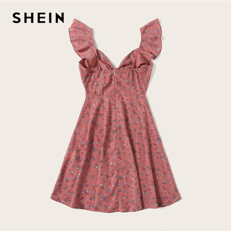 SHEIN, платье размера плюс с оборкой и узлом спереди, платье с цветочным рисунком,, женское летнее платье в стиле бохо, с высокой талией, ТРАПЕЦИЕВИДНОЕ, без рукавов, плюс короткие платья