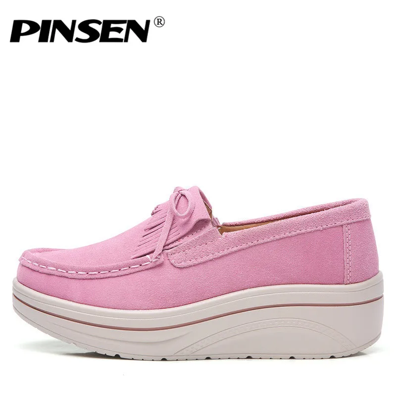 Туфли PINSEN женские на плоской платформе модные кожаные замшевые мокасины без