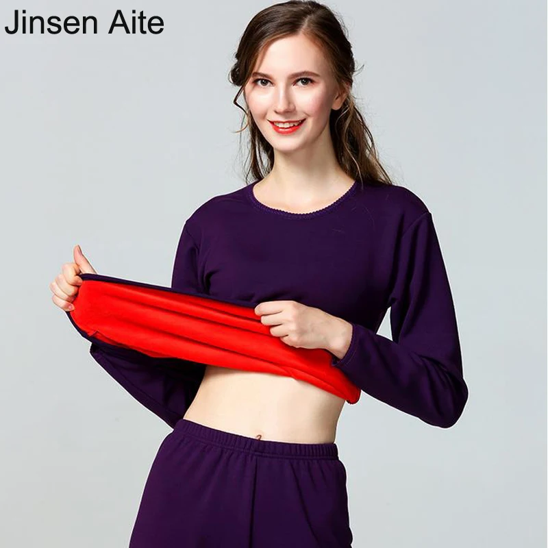 

Jinsen Aite 2019 Зимние флисовые толстые теплые кальсоны для женщин с круглым вырезом осеннее женское термобелье костюм женская одежда JS657