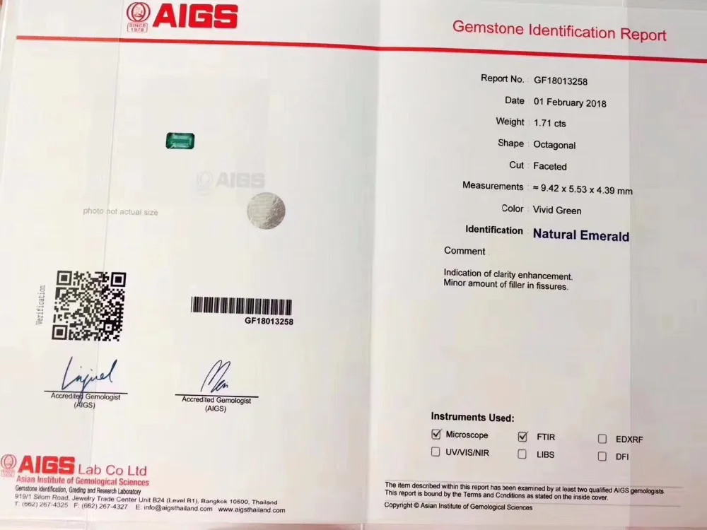 Ювелирные украшения AIGS сертификат Настоящее 18 к белое золото AU750 натуральный зеленый изумруд 1.71ct подвески из драгоценных камней для милое Женское Ожерелье