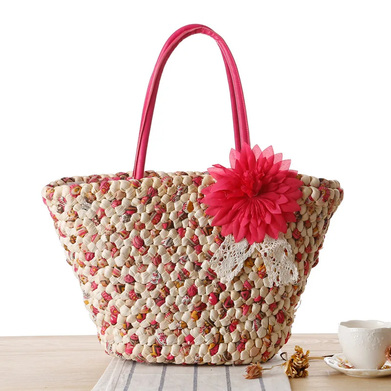

Summer Bags Casual Women Straw Beach Bag Hand Made Colorful Flower Decoration Woven Handbag Rattan Straw Bags For Summer
