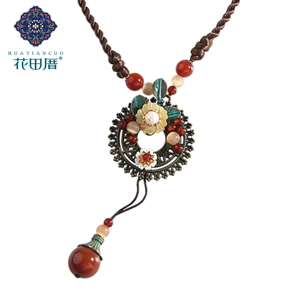 

Ethnic Handmade Round Hollow Disk Bronze Plated Leaves Pendant Tassel Necklace Women Flower Pearl Rope Chain Necklace CL-18029