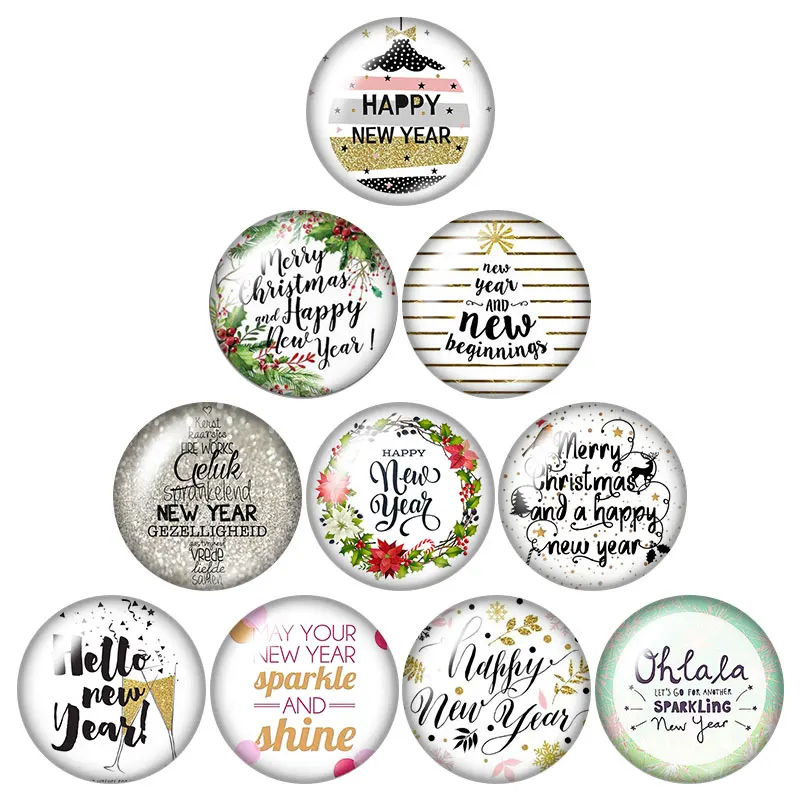 Счастливый Новый год Старт 10 штук смешанных 12мм/16мм/18мм/25мм круглые фотостеклянные кабошоны для создания плоских креплений.
