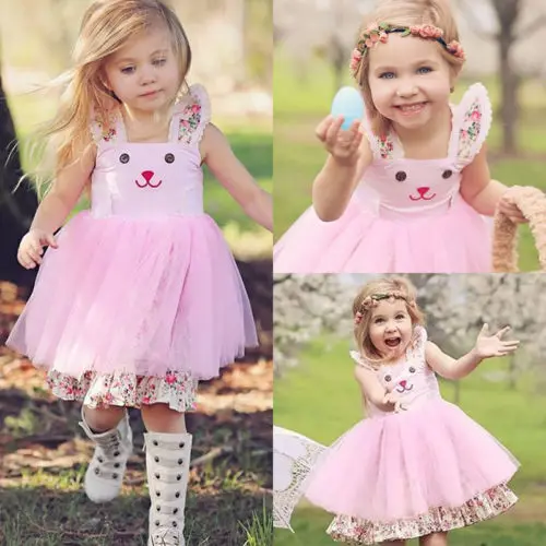 2018 New Kid Girls Halter Pink Tutu Dress Rabbit Princess Baby Girl Cute Bunny Floral Tulle Summer Chidlren Clothes | Детская одежда и