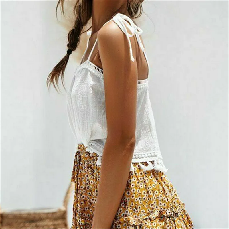 New Fashion Women Ladies Strappy Sleeveless Tanks Short Tops Vest Beach Holiday Top Casual Solid White Linen Shoulder Strap | Женская