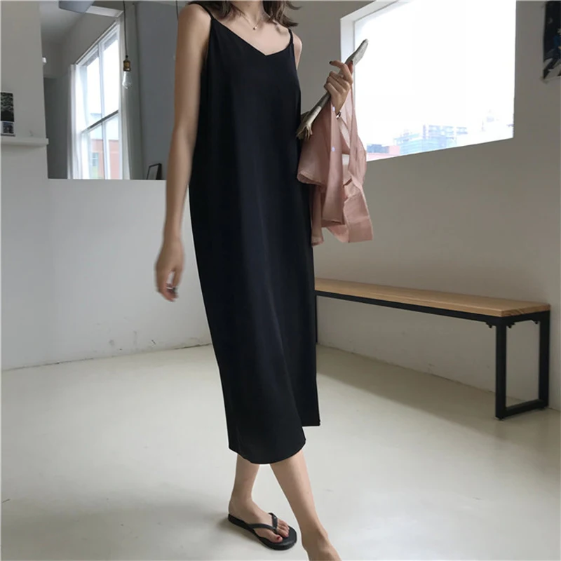 Купи Sexy Women Maxi Dress Loose Sleeveless Dresses V-neck Sling Long Black Party Dress за 995 рублей в магазине AliExpress