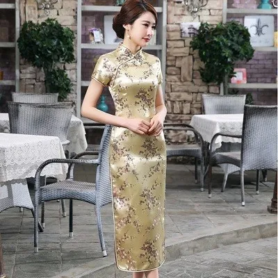 Golden plum blossom Традиционное китайское платье размера плюс S-6XL, чонсам, драконом Фениксом, длинное платье Ципао, сексуальное платье с разрезом, костюм танга, женское банкетное платье Ципао - Цвет: Golden plum blossom