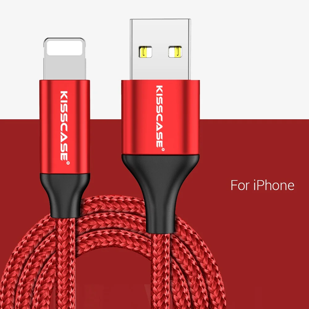 KISSCASE Cable For iPhone XR XS X 7 8 Wire For Charger USB Data Cable For iPhone 6 6S 7 8 USB Charging Cable Phone Cord Adapter - Цвет: Красный