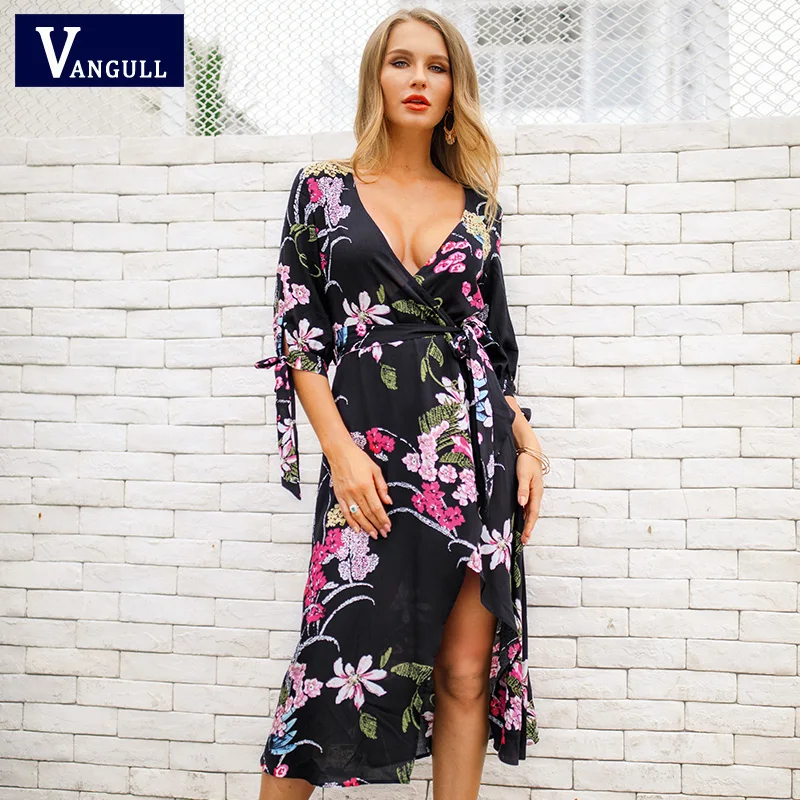 Vangull/винтажное платье с цветочным принтом женское запахом Бандажное бантом и