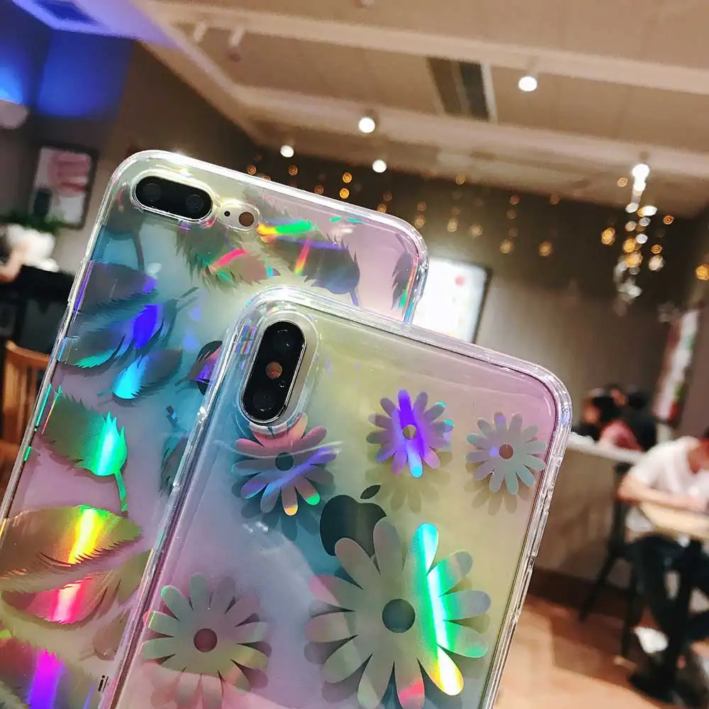 Boucho Transparent Case For iphone XS MAX 6 6s 7 8 plus X Cases Laser Feather Flower Phone XR Protective Cover |