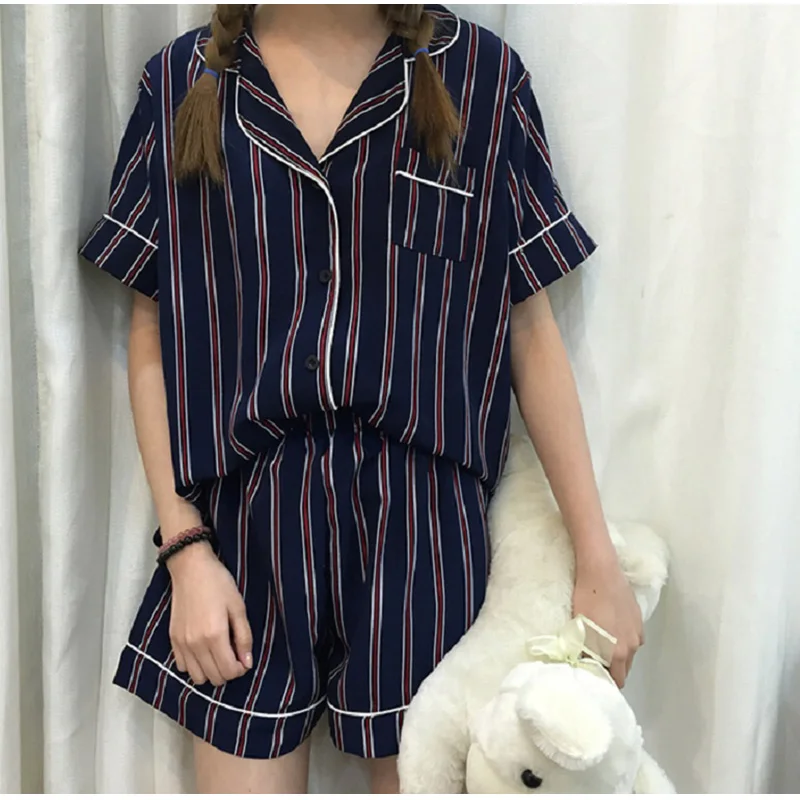Blue 12 Kawaii принт комплект из двух предметов женские пижамы рубашка и шорты корейская мода свободные пижамы Женская повседневная домашняя одежда - Цвет: Blue 12