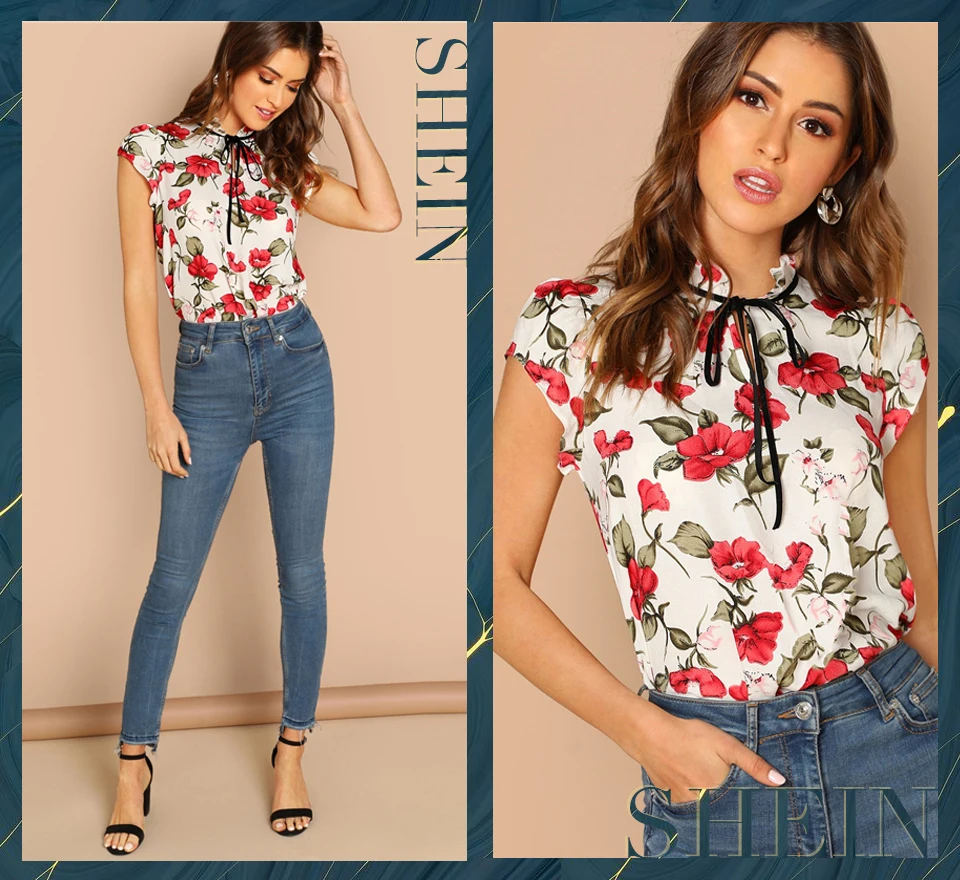 SHEIN Топ С Воротником-Бантом И Цветочным Принтом Женская Многоцветная Летняя Богемная Блузка Со Стоячим Воротником