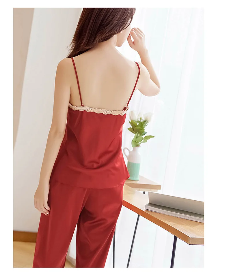 Женский сексуальный Шелковый Атласный пижамный комплект в виде кружевной пижамы