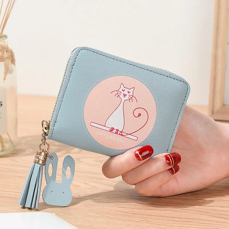 Blue Кошелек для монет на молнии, короткий женский кошелек, держатель для id карты, принт кошки, женские кошельки, сумочки для денег, женские кошельки с кисточками, мини-сумки - Цвет: Blue