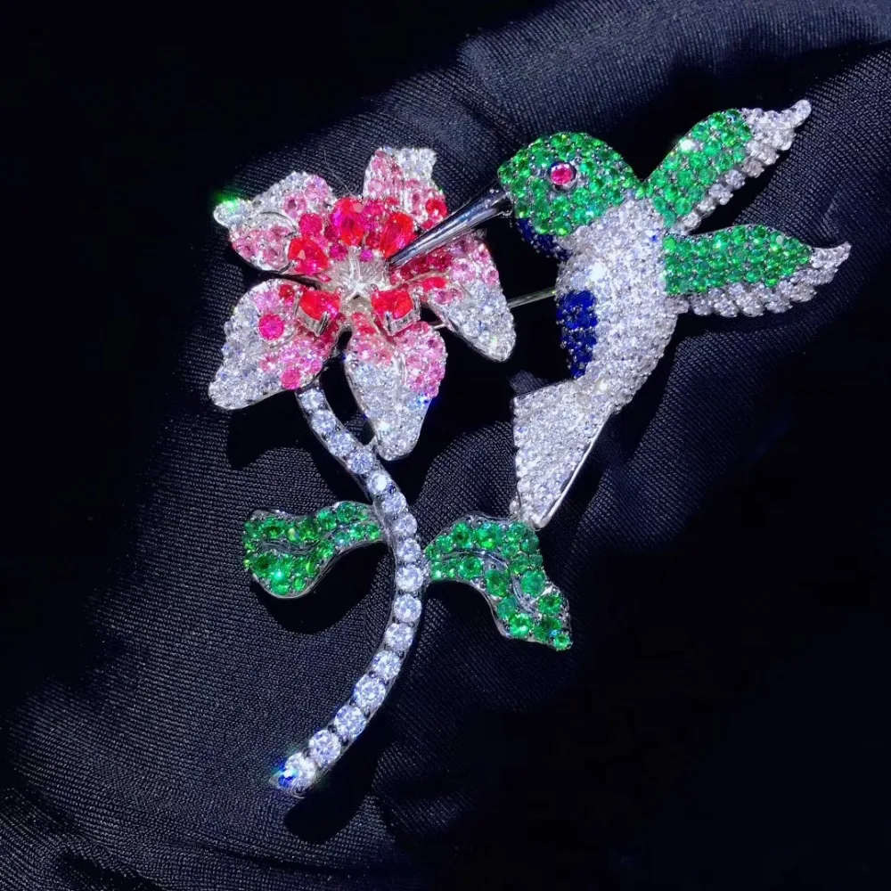 bird and flower brooch pin fine women jewelry 925 sterling silver free shipping pave stone 56*73MM | Украшения и аксессуары