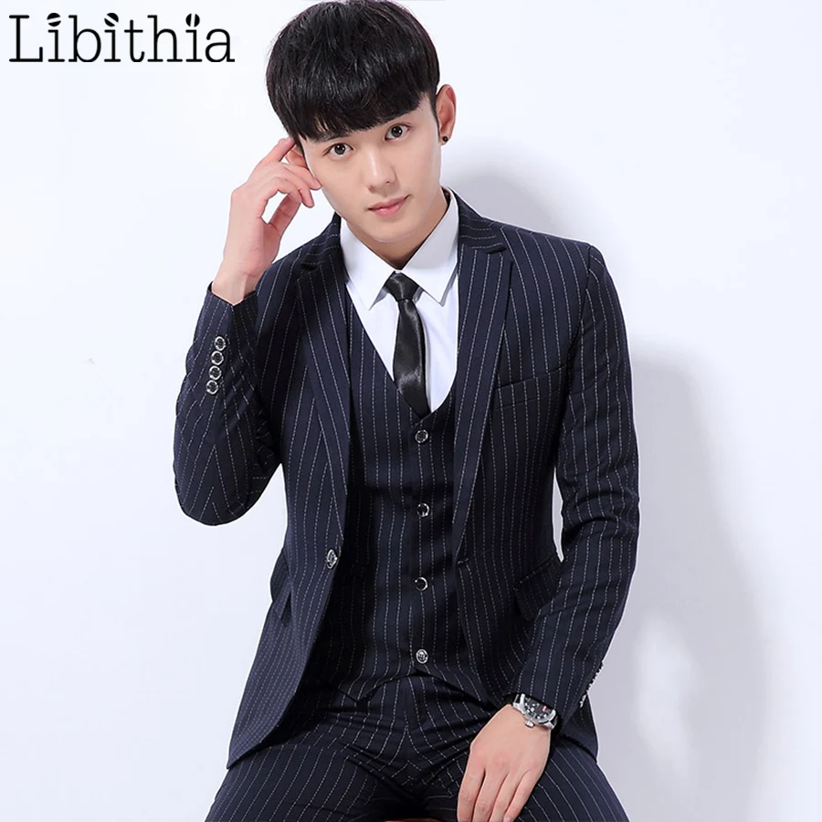 

Men Striped Pattern Casual Suit Blazers Slim Fit Jackets One Button Blazer Clothes Male M-3XL Black Blue Fashion Wear K297