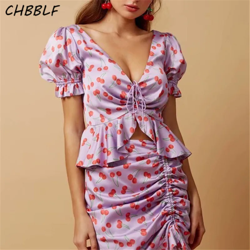 CHBBLF Женские V шеи с рисунком вишни блузка кулиска коротким рукавом и оборками