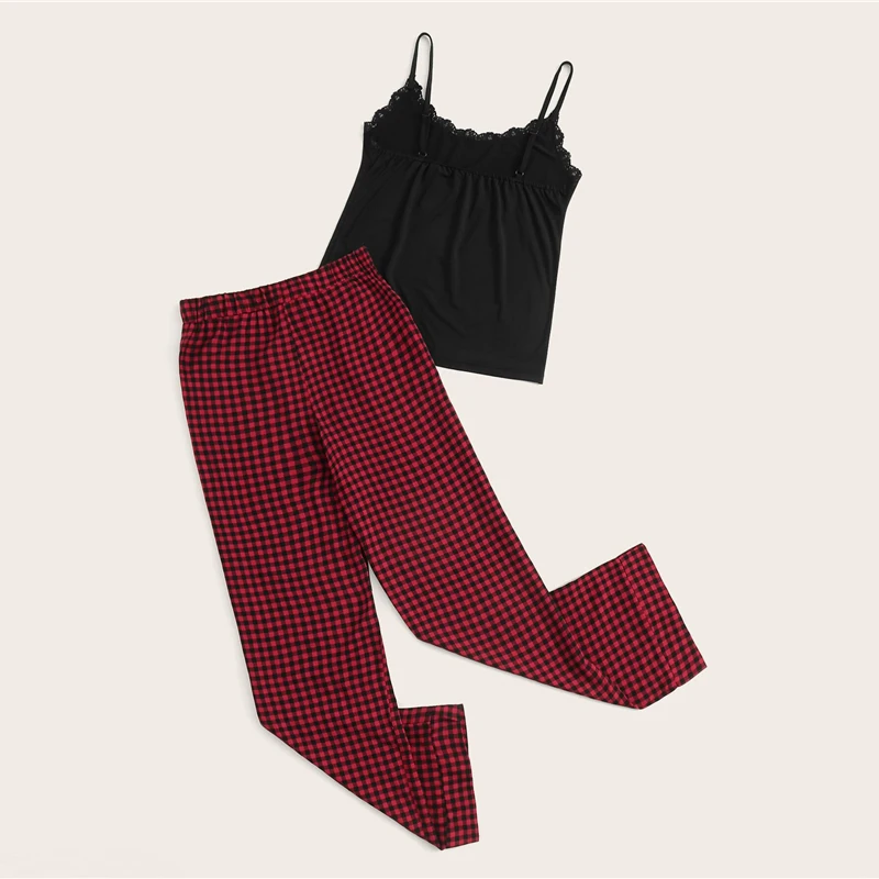 ROMWE кружевной отделкой Cami с шнурком Gingham брюки PJ набор летние женские спагетти ремень без рукавов Повседневная одежда для сна пижамные комплекты