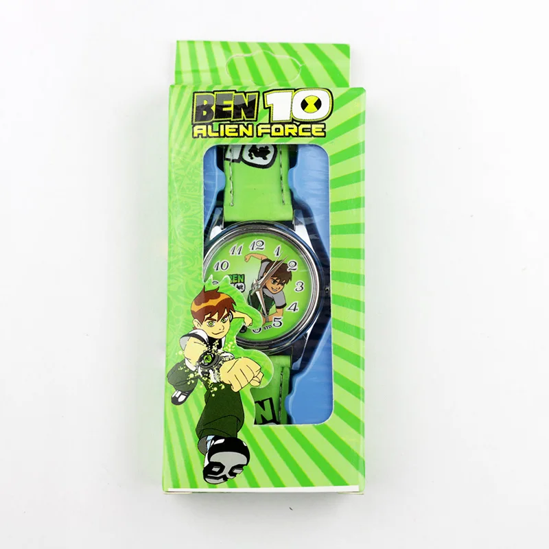 Boy Ben 10 Green Детские Мультяшные часы с человеком-пауком, Бэтменом, Суперменом, часы для мальчиков, часы принцессы для девочек, кварцевые часы с кожаным ремешком и коробкой - Цвет: Boy Ben 10 Green