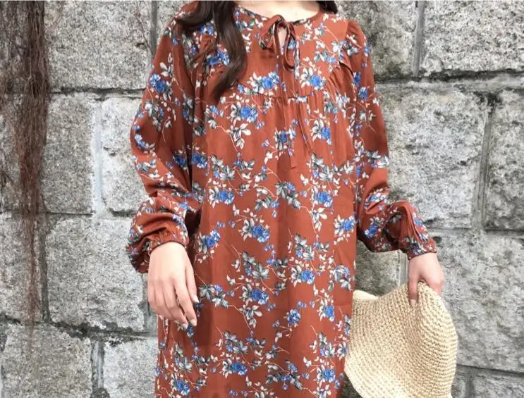 Милый Цветочный Принт Свободные Dress Puff Рукавом Оборками Midi Весна Лето Халат Femme