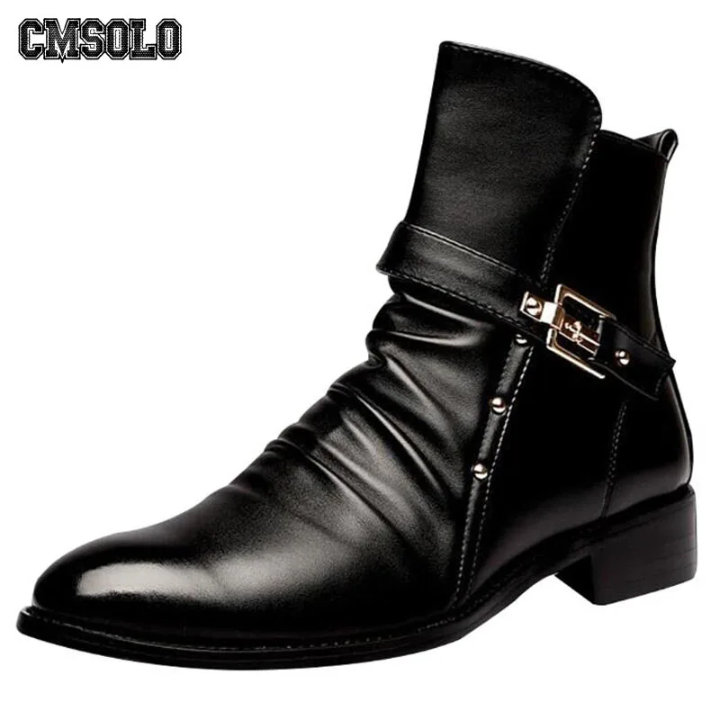 

CMSOLO Boots Men Rivet Fashion Bullock Shoes Heighten Single Plush Leather Side-zip Ankle Martin Boot Trend Boots Men Brand Hot