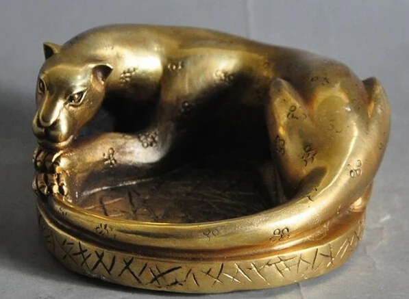 669 + старый китайский латунный по феншуй медный Леопардовый Золотой ягуар статуя