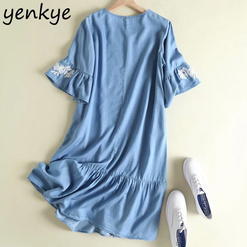 Women Vintage Blue Denim Dress Lady V Neck Flare Sleeve Summer Casual Floral Embroidery Dress Plus Size vestido