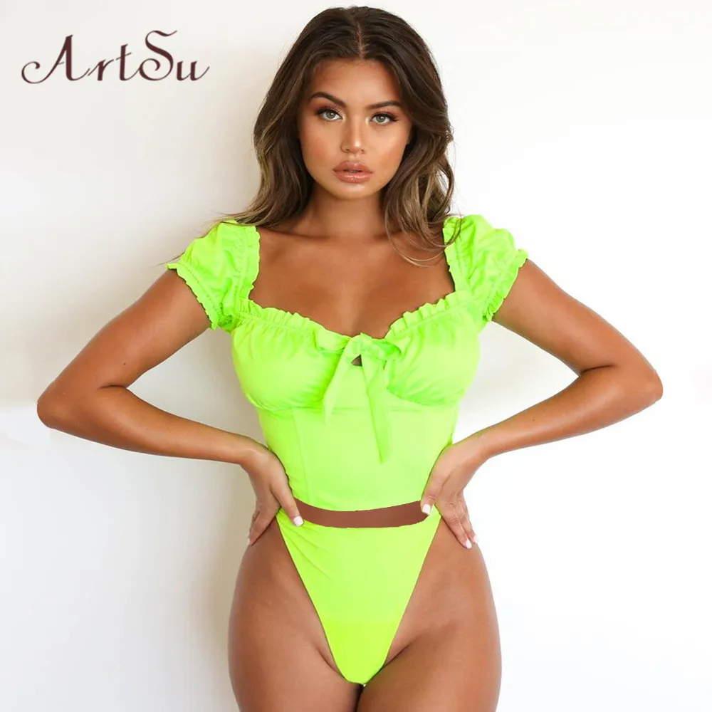 ArtSu/милый укороченный топ с пышными рукавами футболка для женщин неоновый желтый