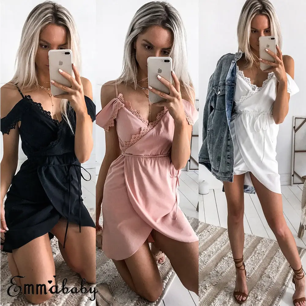 Женское платье с высокой талией Boho кружевное мини-платье рукавом-фонариком и на