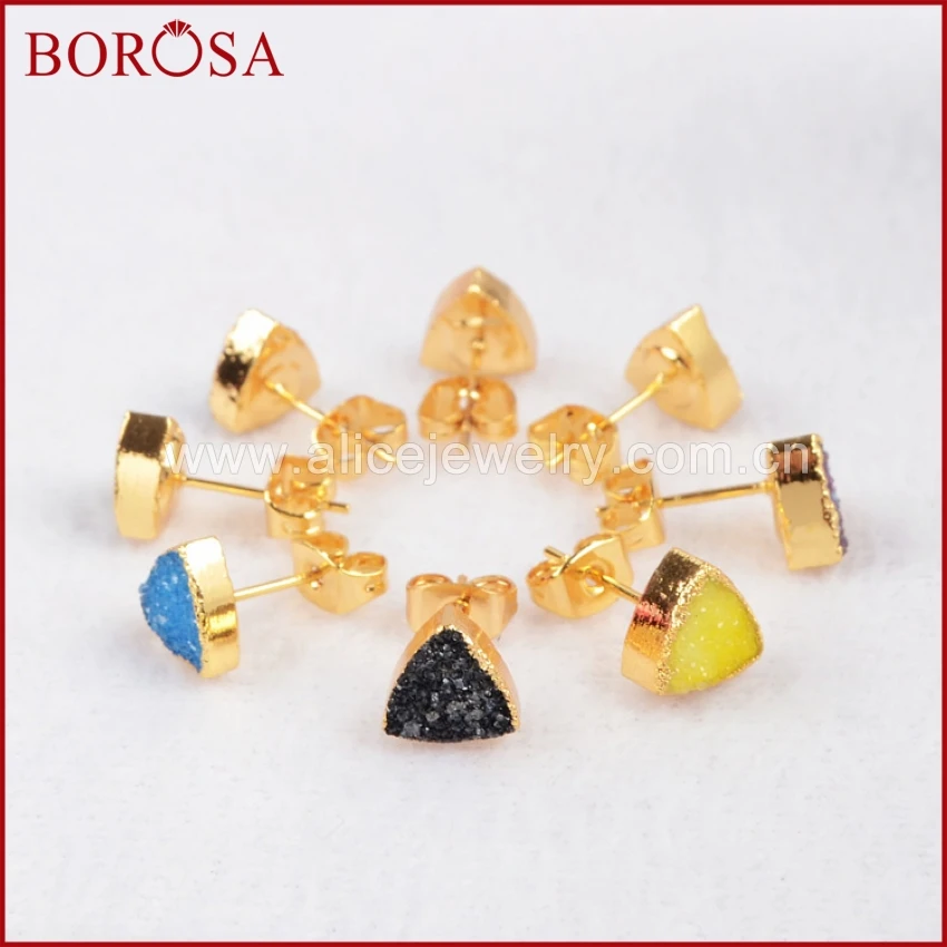 BOROSA 8 мм треугольник золотого цвета Радуга натуральный кристалл Druzy Geode серьги